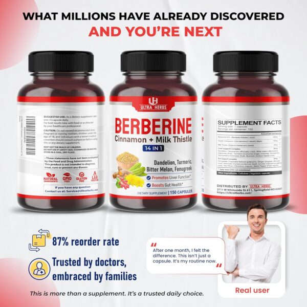 Premium Berberine with Cinnamon, Milk Thistle *USA Made & Test* Promotes Liver Function, Gut Health, Immunity (150 Count (Pack of 1))