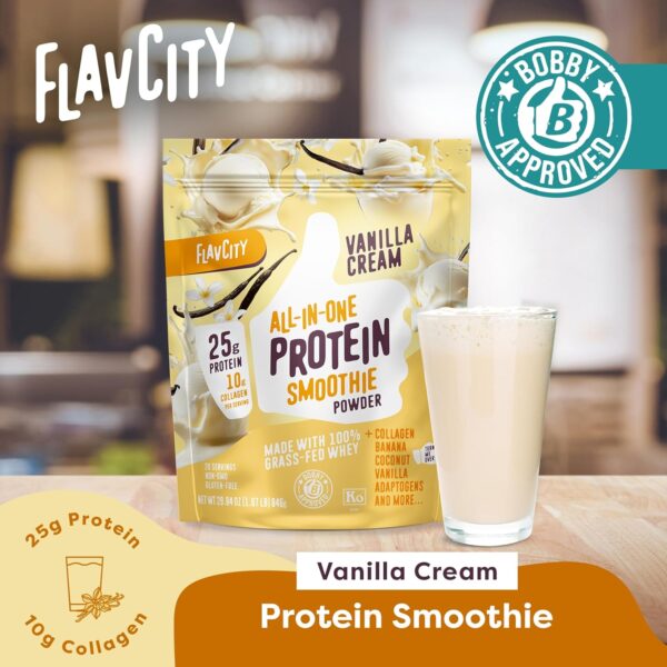 FlavCity Grass Fed Whey Protein Powder - Vanilla Smoothie - 25g Protein & 10g Collagen - Made With Real Vanilla Bean & Organic Coconut Milk - Gluten Free & No Added Sugars (20 Servings)