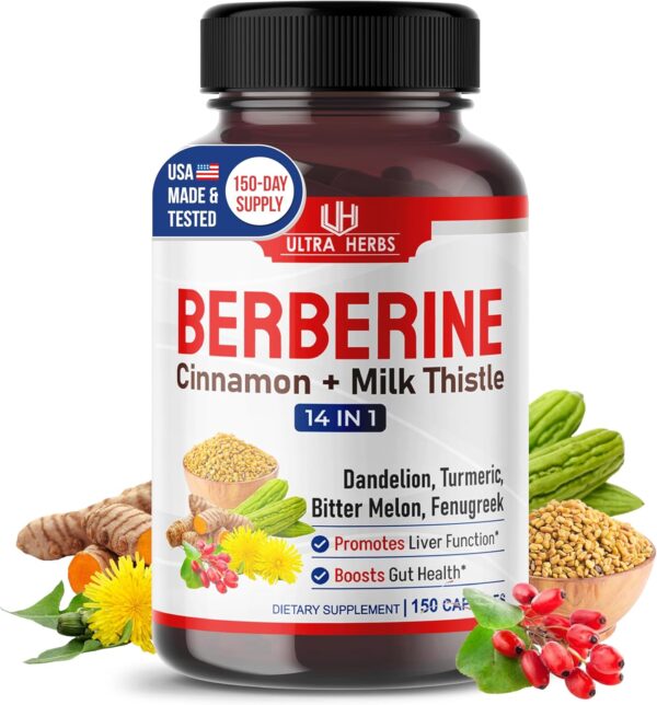 Premium Berberine with Cinnamon, Milk Thistle *USA Made & Test* Promotes Liver Function, Gut Health, Immunity (150 Count (Pack of 1))
