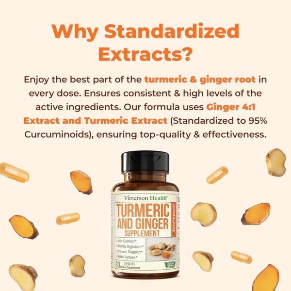 Turmeric Supplement with Ginger Root for Joint & Digestion Support - Turmeric Curcumin Supplement 95% Curcuminoids. Contains Organic Tumeric with Black Pepper (Bioperine) for Max Absorption. 60 Caps