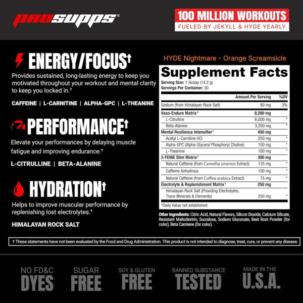 PROSUPPS Mr. Hyde Nightmare Pre Workout Powder with Caffeine & Beta Alanine - Preworkout for Intense Energy, Mental Focus & Performance - Gym & Fitness Supplements (Orange Creamsicle, 30 Servings)