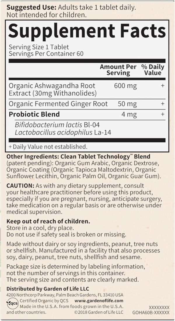 Garden of Life Organics Ashwagandha Stress, Mood & Energy Support Supplement with Probiotics & Ginger Root for Digestion - Vegan, Gluten Free, Non GMO – 2 Month Supply, 60 Tablets