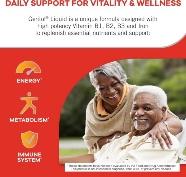 Geritol Liquid Vitamin and Iron Supplement, Energy Support, Contains High Potency B-Vitamins and Iron, Pleasant Tasting, Easy to Swallow, No Artificial Sweeteners, Non-GMO, 12 Oz