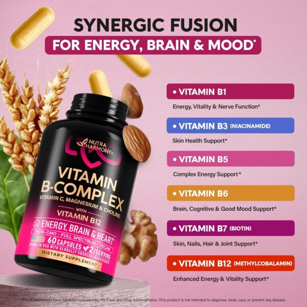 Vitamin B Complex for Men & Women - Made in USA - B-Complex: B1, B2, B3, B5, B6, B7, B8, B9, B12 with Vitamin C, Choline, Inositol - Energy, Brain & Heart Support Supplement, 60 Vegan Capsules