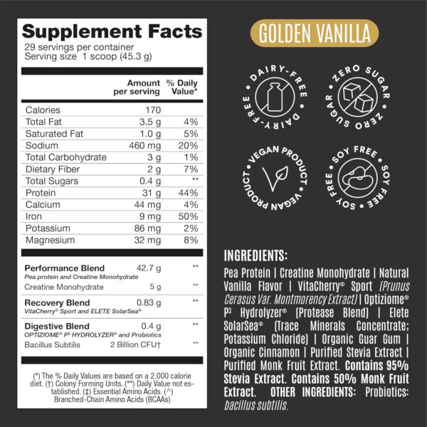 Falcon Performance Vegan Protein Powder, 31g Protein, 5g Creatine, 5g BCAA, Probiotics, Electrolytes, Pre Workout, Low Carb, Sugar Free & Dairy Free, Plant Based Vanilla Protein, 29 Servings
