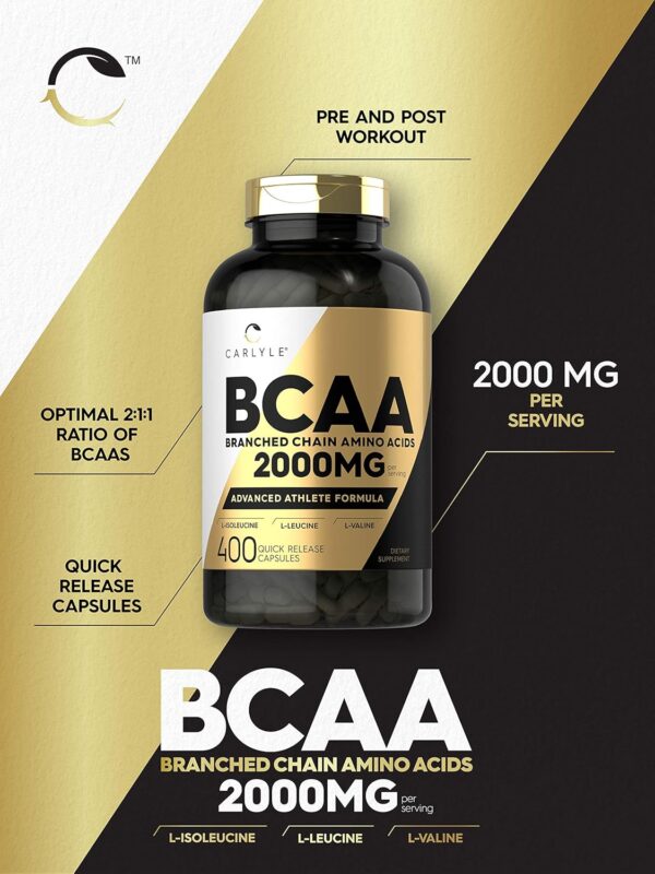 Carlyle BCAA Capsules | 2000mg | 400 Powder Pills | Amino Acids Supplement Blend | for Women and Men | with L-Isoleucine, L-Leucine, L-Valine | Non-GMO and Gluten Free
