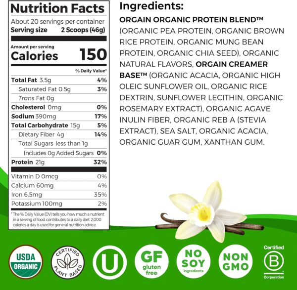 Orgain Organic Vegan Protein Powder, Vanilla Bean - 21g Plant Protein, 6g Prebiotic Fiber, No Lactose Ingredients, No Added Sugar, Non-GMO, For Shakes & Smoothies, 2.03 lb (Packaging May Vary)