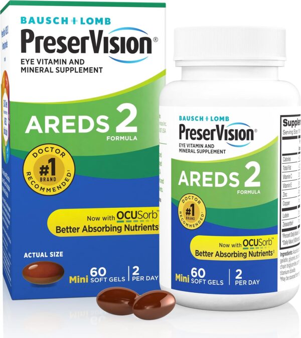 PreserVision AREDS 2 Eye Vitamins for Macular Health, Lutein and Zeaxanthin Supplement with Vitamin C, Vitamin E, Zinc, and Copper for Vision & Ocular Support, 60 Softgels (Minigels)