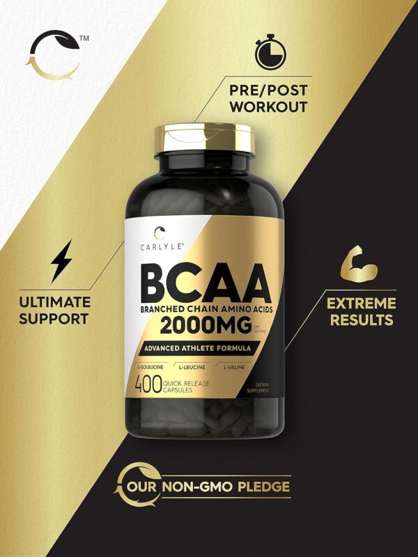Carlyle BCAA Capsules | 2000mg | 400 Powder Pills | Amino Acids Supplement Blend | for Women and Men | with L-Isoleucine, L-Leucine, L-Valine | Non-GMO and Gluten Free