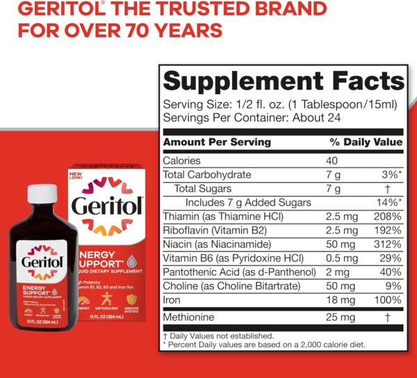 Geritol Liquid Vitamin and Iron Supplement, Energy Support, Contains High Potency B-Vitamins and Iron, Pleasant Tasting, Easy to Swallow, No Artificial Sweeteners, Non-GMO, 12 Oz