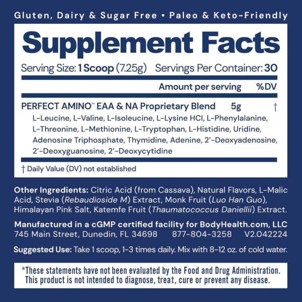 BodyHealth PerfectAmino Powder - BCAA and EAA Powder for Pre and Post Workout - Amino Acid Energy Drink for Men and Women to Support Lean Muscle and Recovery - Strawberry - 30 Servings