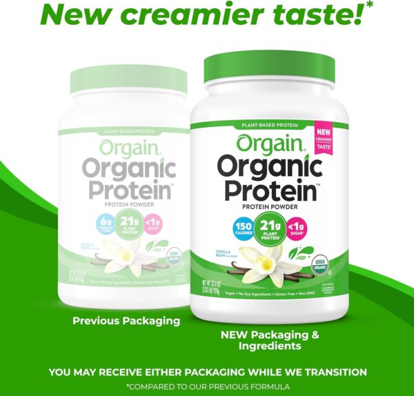 Orgain Organic Vegan Protein Powder, Vanilla Bean - 21g Plant Protein, 6g Prebiotic Fiber, No Lactose Ingredients, No Added Sugar, Non-GMO, For Shakes & Smoothies, 2.03 lb (Packaging May Vary)