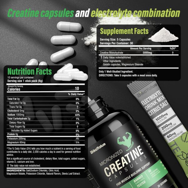 Creatine Capsules & Electrolytes Powder, 150 Creatine Capsules, 10 Pack Electrolyte Combination, Supplement for Muscle, Energy, Recovery, Gluten-Free Creatine for Women, Men (30 Servings)