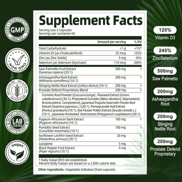 Organic Saw Palmetto - Prostate Health Supplements for Men with Ashwagandha Root, Stinging Nettle, Pumpkin Seed, Prostate Defend Propnietary Blend, DHT Blocker, 120 Count