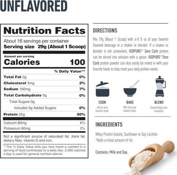 Isopure Zero Carb 100% Pure Whey Isolate Protein Powder, Lactose Free, Gluten Free, With Vitamins, Unflavored, 25g Protein Per Serving, 1 Lb, 16 Servings (Packaging May Vary)