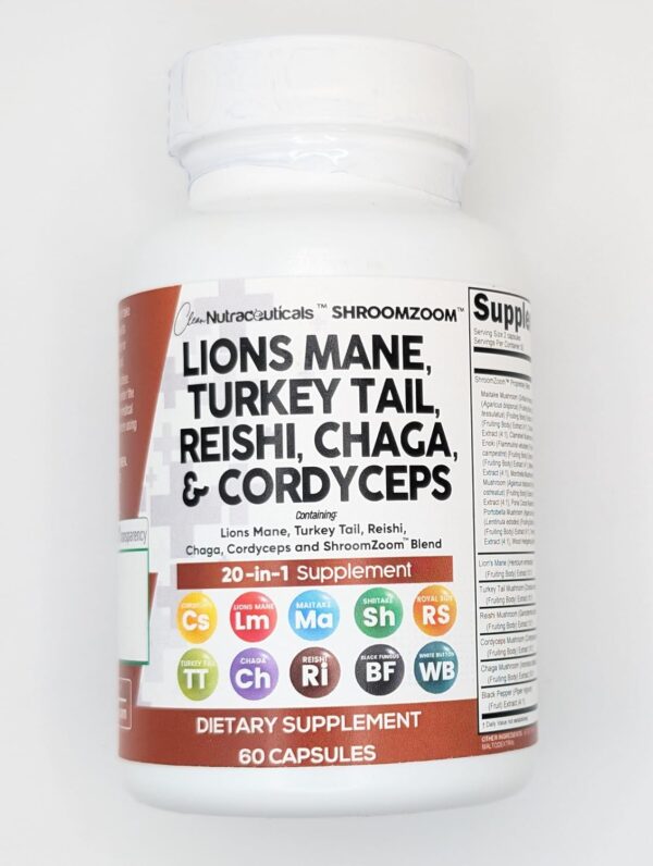 Clean Nutraceuticals Lions Mane 20in1 Mushroom Supplement with Turkey Tail Reishi Cordyceps Chaga Maitake Meshima Poria Cocos Shiitake Oyster Porcini Enoki - Pack