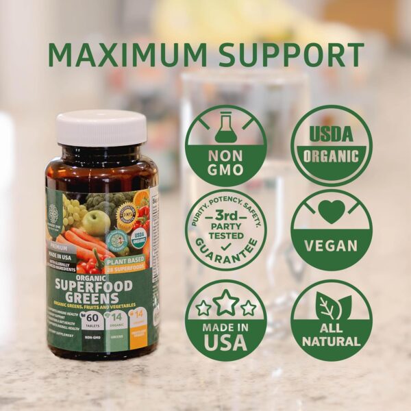 USDA Organic Superfood Greens [28 Powerful Ingredients] Natural Super Greens Capsules, Fruit and Veggie Supplement with Alfalfa, Beet Root and Ginger to Support Energy and Immunity, 60 Tablets