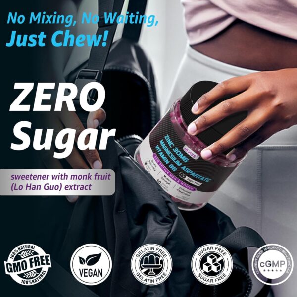 Zinc and Magnesium Supplement (Made in USA), Zinc Magnesium Aspartate Post Workout Gummies for Men Women, w/Vitamin B6, B12, D3, Turmeric for Nighttime Muscle Recovery, Boost Immunity & Sleep, 120 Cts