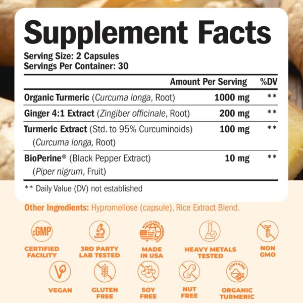 Turmeric Supplement with Ginger Root for Joint & Digestion Support - Turmeric Curcumin Supplement 95% Curcuminoids. Contains Organic Tumeric with Black Pepper (Bioperine) for Max Absorption. 60 Caps