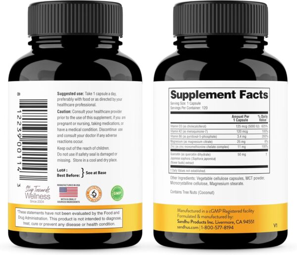 Sandhu's Vitamin D3 K2 Magnesium with Quercetin 5000 IU Capsules for Men & Women | Supports Bone, Muscle & Immune Health | 120 Count (Pack of 1)