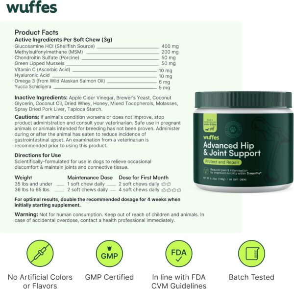 Wuffes Advanced Dog Hip and Joint Supplement with Glucosamine, Chondroitin, Omega 3, MSM, and Green Lipped Mussel, 60 Pork Flavored Chews for Small and Medium Dog Breeds