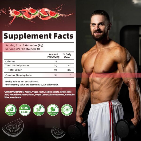 Creatine Monohydrate Gummies for Men & Women, Creatine Monohydrate for Muscle Strength, Muscle Builder, Energy Boost, Pre-Workout Supplement(120 Count)-Watermelon Flavor