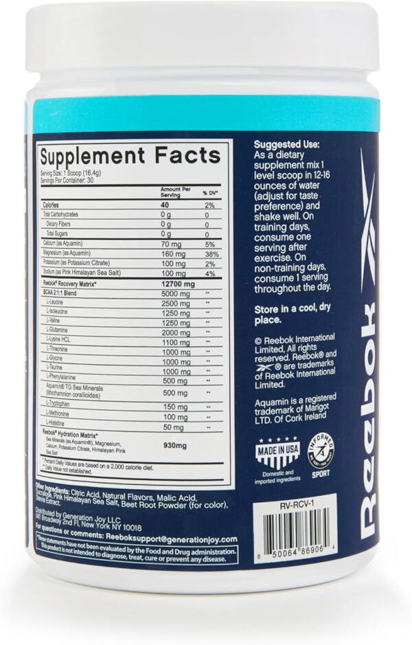Reebok REECover Amino Acids + Electrolytes | 8g EAAs, 5g BCAAs, Hydration Matrix | Muscle Recovery, Strength | Post-Workout Support | 30 Servings | Strawberry Lemonade
