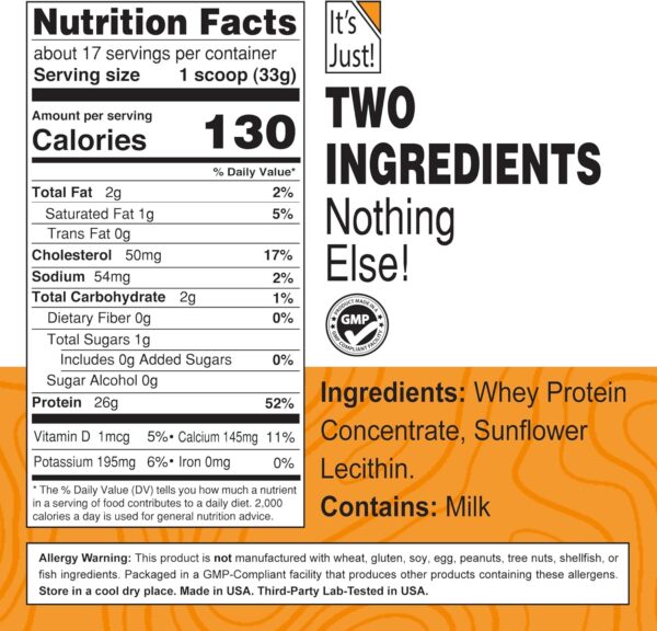 It's Just! - 100% Whey Protein Concentrate, Made in USA, rBGH/RBST Hormone Free, Premium WPC-80, No Added Flavors or Artificial Sweeteners (3 Pound, Unflavored)