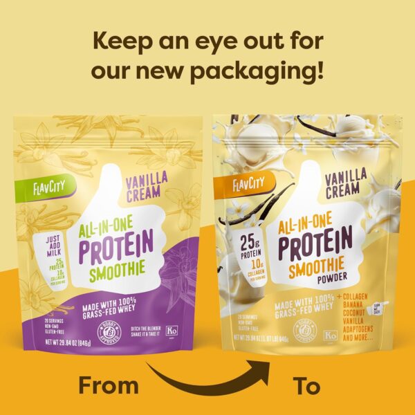 FlavCity Grass Fed Whey Protein Powder - Vanilla Smoothie - 25g Protein & 10g Collagen - Made With Real Vanilla Bean & Organic Coconut Milk - Gluten Free & No Added Sugars (20 Servings)