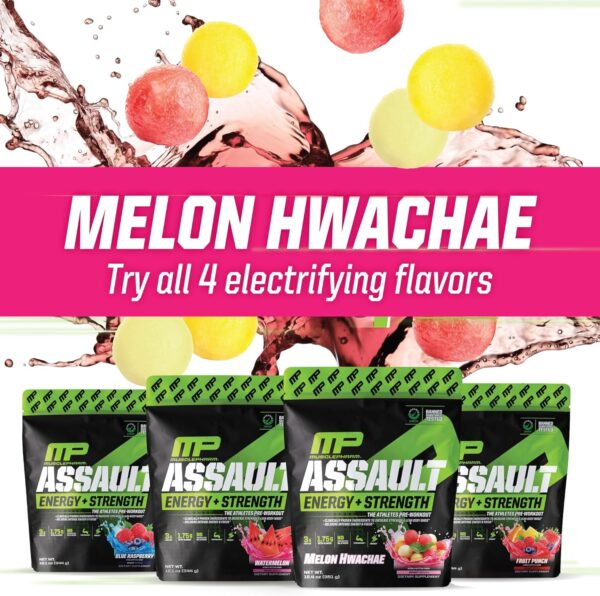 Muscle Pharm Assault Energy & Strength Pre Workout Powder for Men & Women with Beta Alanine, Caffeine, Creatine & Betaine Anhydrous, Pre-Workout Supplements, 30 Servings, Hwachae Melon Flavor