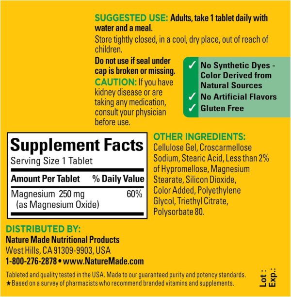 Nature Made Magnesium Oxide 250 mg, Magnesium Supplement for Muscle, Heart, Bone and Nerve Health Support, 100 Tablets, 100 Day Supply