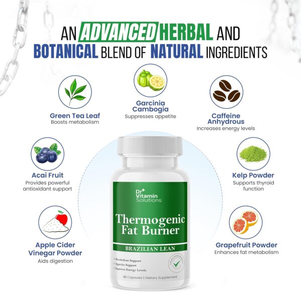 DR VITAMIN SOLUTIONS Thermogenic Fat Burner for Women and Men - Appetite Suppressant for Weight Loss - Includes Green Tea Extracts for Bloat Relief - Metabolism Booster - 30 Weight Loss Pills