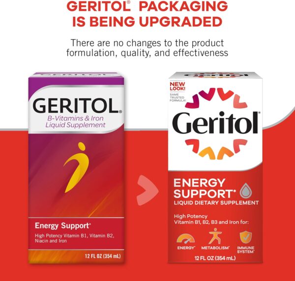 Geritol Liquid Vitamin and Iron Supplement, Energy Support, Contains High Potency B-Vitamins and Iron, Pleasant Tasting, Easy to Swallow, No Artificial Sweeteners, Non-GMO, 12 Oz