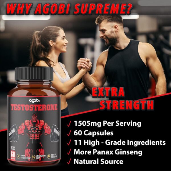 agobi Testosterone Supplement for Men - 11 Potent Herbs - Ashwagandha, Tribulus, Ginseng & More - 60 Capsules for 1 Month