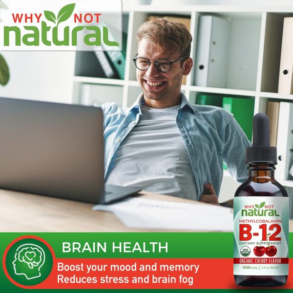 Why Not Natural Organic Vitamin B12 Liquid - Sublingual Extra Strength 60 x 5000 mcg Methylcobalamin Drops, Vegan, Maximize Absorption and Energy