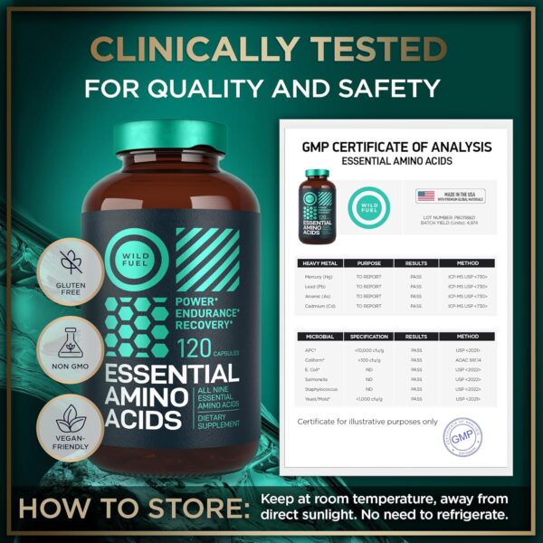 Essential Amino Acids Supplement – 3,000mg Leucine, Lysine, Isoleucine, Tryptophan Complete Complex - All 9 Best Amino Acids for Muscle Growth, Power, Recovery - 120 Vegan, Keto-Friendly BCAA Capsules