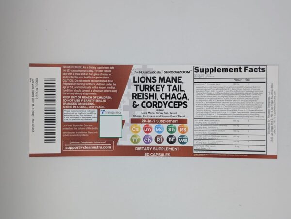 Clean Nutraceuticals Lions Mane 20in1 Mushroom Supplement with Turkey Tail Reishi Cordyceps Chaga Maitake Meshima Poria Cocos Shiitake Oyster Porcini Enoki - Pack