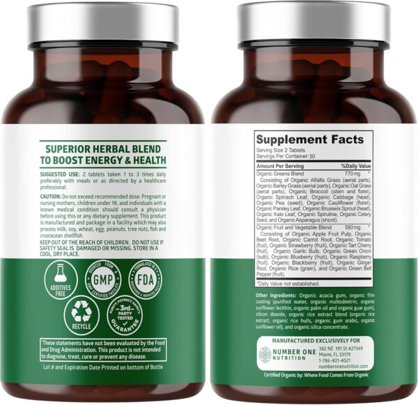 USDA Organic Superfood Greens [28 Powerful Ingredients] Natural Super Greens Capsules, Fruit and Veggie Supplement with Alfalfa, Beet Root and Ginger to Support Energy and Immunity, 60 Tablets