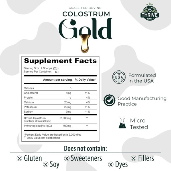 Colostrum Gold - Premium Grass-Fed Bovine Colostrum Powder Supplement for Immunity, Gut Health, Muscle & Wellness - Daily Superfood Supports Hair, Skin, Nails - Women & Men - Unflavored, 60 Servings