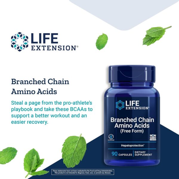 Life Extension Branched Chain Amino Acids (BCAAs), leucine, isoleucine, valine, Promotes Muscle Recovery After Exercise, Gluten-Free, Non-GMO, 90 Capsules