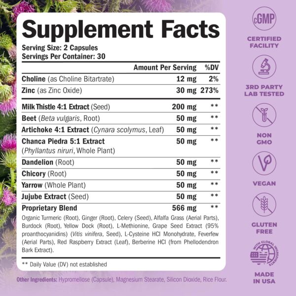 Liver Cleanse Detox & Repair Milk Thistle Supplement - Herbal Liver Support - Choline, Artichoke Extract & Chicory. Dandelion Root Supplement to Support Digestion & Promote Cellular Repair. 60 Caps