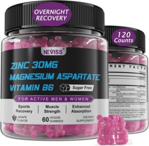 Zinc and Magnesium Supplement (Made in USA), Zinc Magnesium Aspartate Post Workout Gummies for Men Women, w/Vitamin B6, B12, D3, Turmeric for Nighttime Muscle Recovery, Boost Immunity & Sleep, 120 Cts