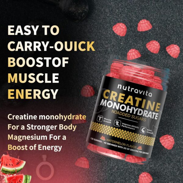 Creatine Monohydrate Gummies for Men & Women, Creatine Monohydrate for Muscle Strength, Muscle Builder, Energy Boost, Pre-Workout Supplement(120 Count)-Watermelon Flavor