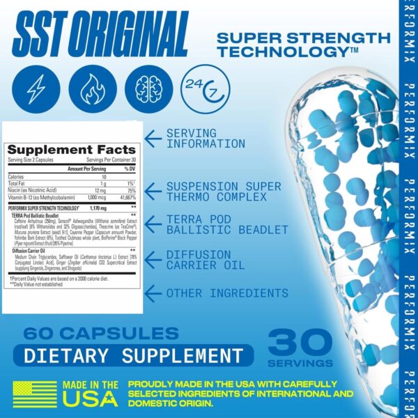 PERFORMIX - SST Original - Pre Workout - 250 mg Caffeine - Energy Supplements - No Crash - Fitness Goals - Nootropic - Timed-Release for All Day Focus, Mood & Energy Boost - Men & Women - 60 Capsules