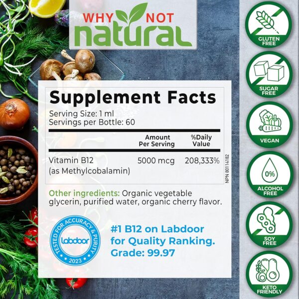 Why Not Natural Organic Vitamin B12 Liquid - Sublingual Extra Strength 60 x 5000 mcg Methylcobalamin Drops, Vegan, Maximize Absorption and Energy