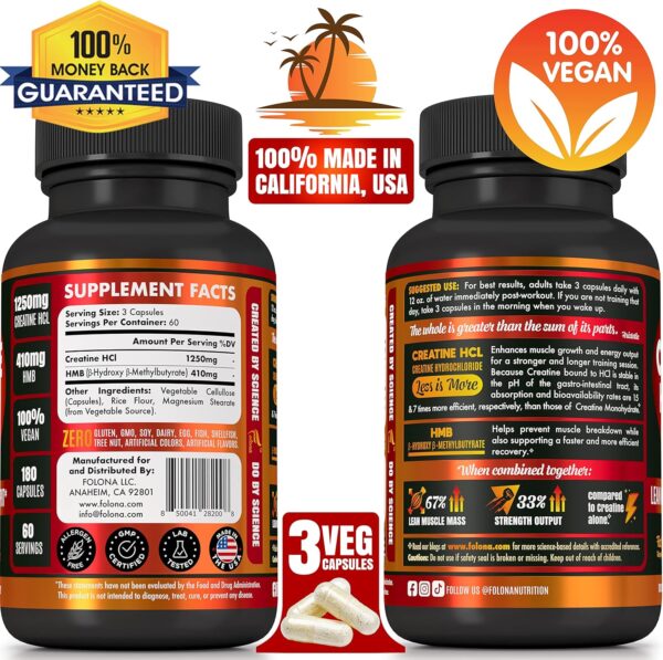 Creatine HCL Capsules with HMB - Workout Supplement for Men & Women, Muscle Builder, Endurance, Strength, Superior to Monohydrate: Instantized for Max Absorption, No Load, No Bloat, 180 Vegan Capsules