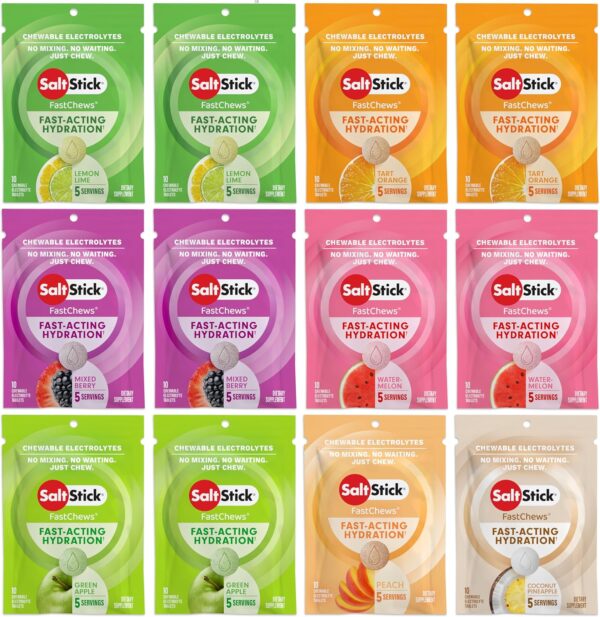 SaltStick Chewable Electrolyte Tablets - 120 Count Variety Pack - Electrolyte Chews, Salt Chews for Runners, Sports Nutrition Hydration - 12 Packets of 10 Tablets Each