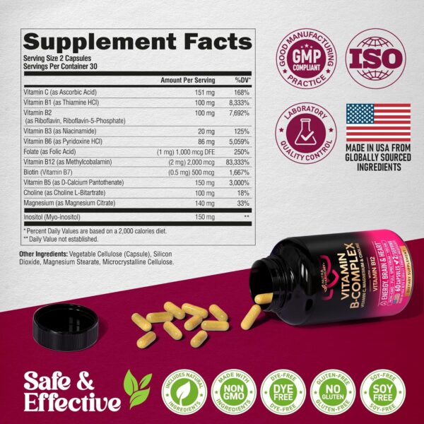 Vitamin B Complex for Men & Women - Made in USA - B-Complex: B1, B2, B3, B5, B6, B7, B8, B9, B12 with Vitamin C, Choline, Inositol - Energy, Brain & Heart Support Supplement, 60 Vegan Capsules