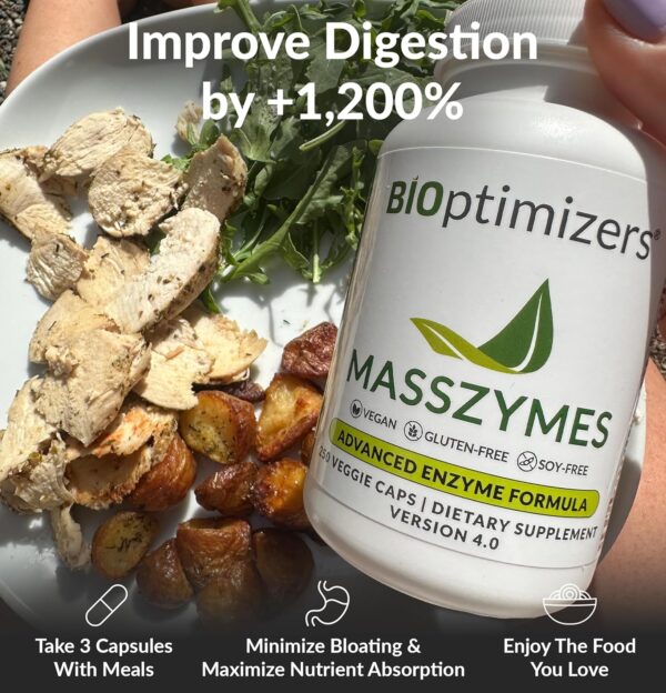 BIOptimizers MassZymes Digestive Enzymes Supplement – Max Nutrient Absorption, Boost Energy, Reduce Bloating – Health Vegan Dairy-Free – Muscle Recovery, Gut Health & Clarity - 100,000 Units 30 Caps